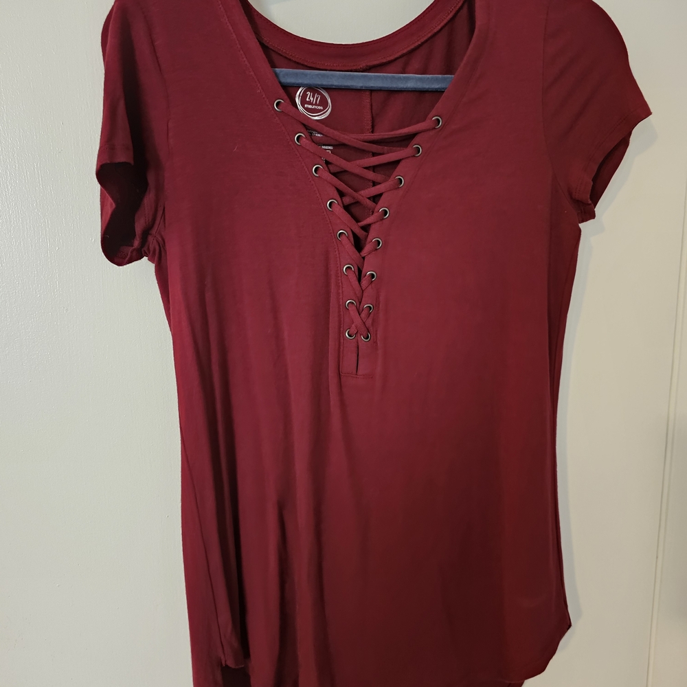 Maurices Deep Red Lace-Up Short Sleeve Top